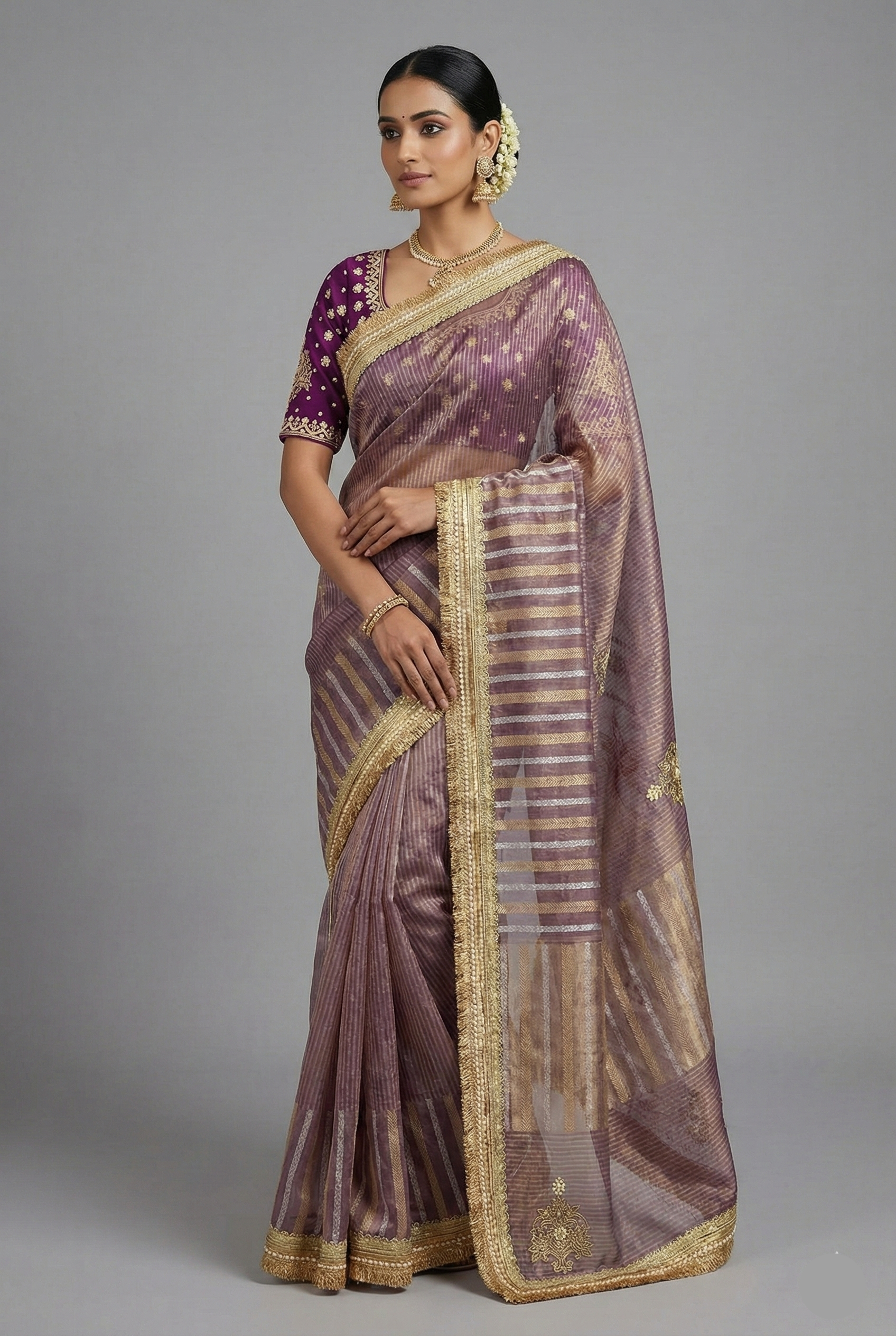 Purple Tissue Woven Saree with Lace Work - purple lace saree Main image