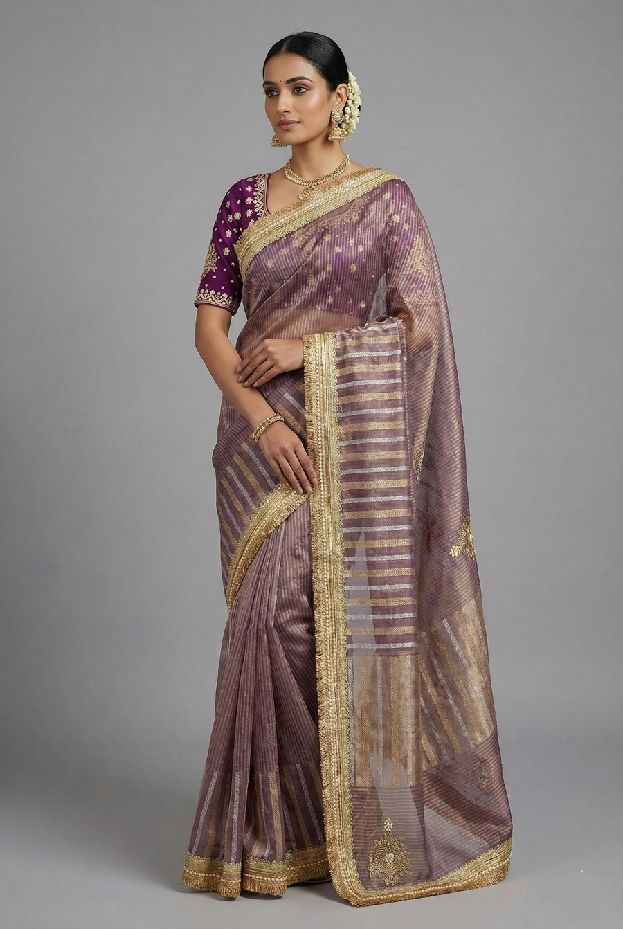 Purple Tissue Woven Saree with Lace Work - purple lace saree