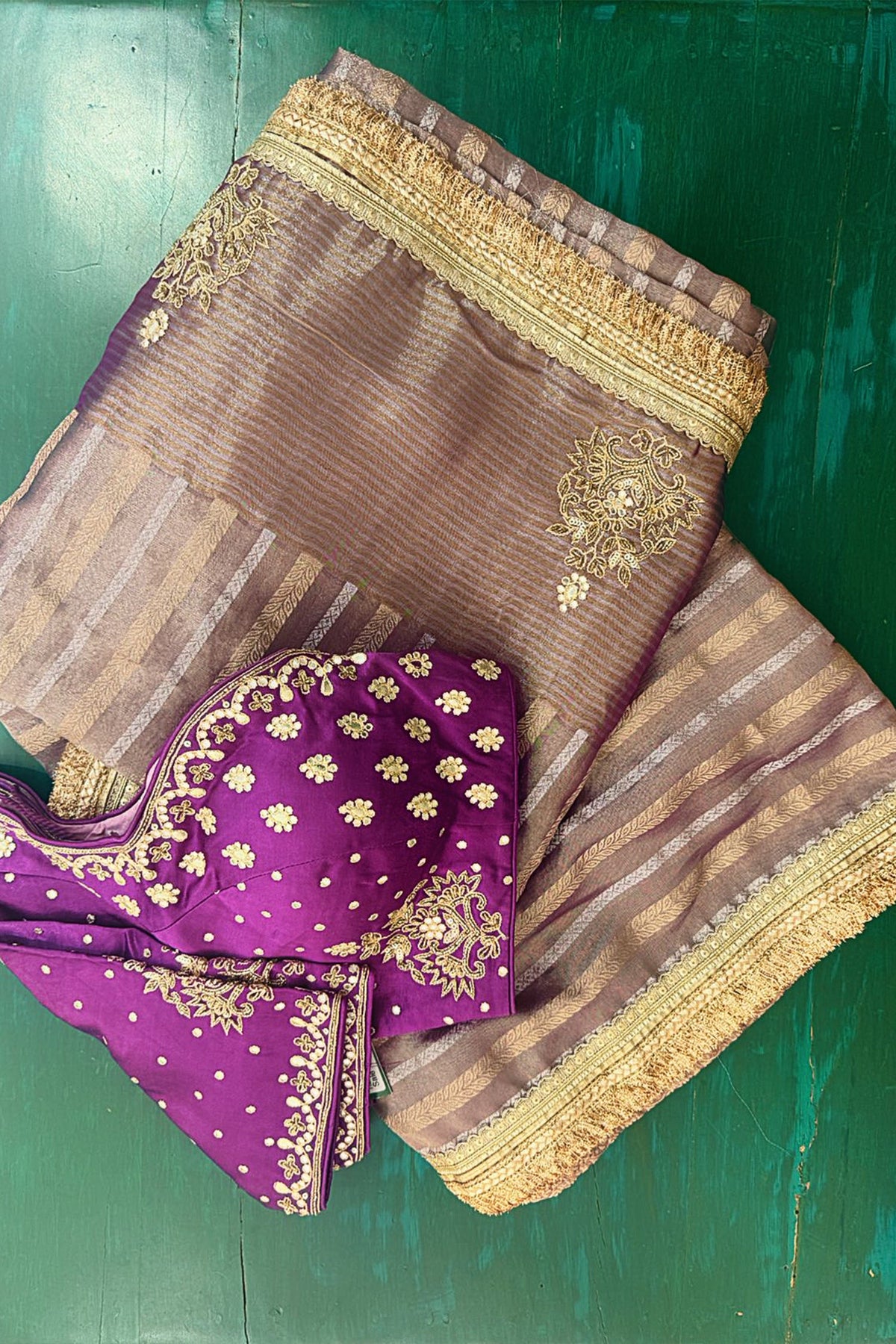 Purple Tissue Woven Saree with Lace Work - purple lace saree