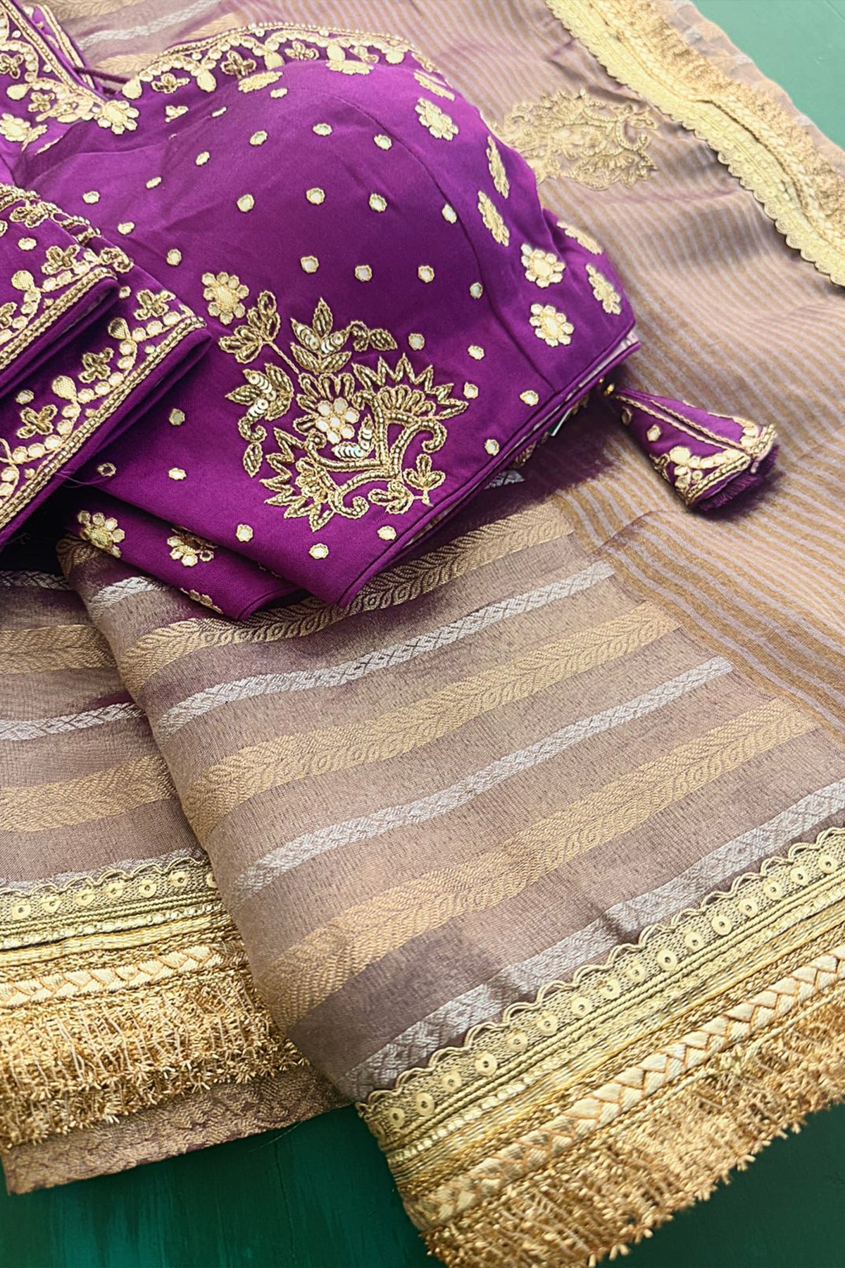 Purple Tissue Woven Saree with Lace Work - purple lace saree