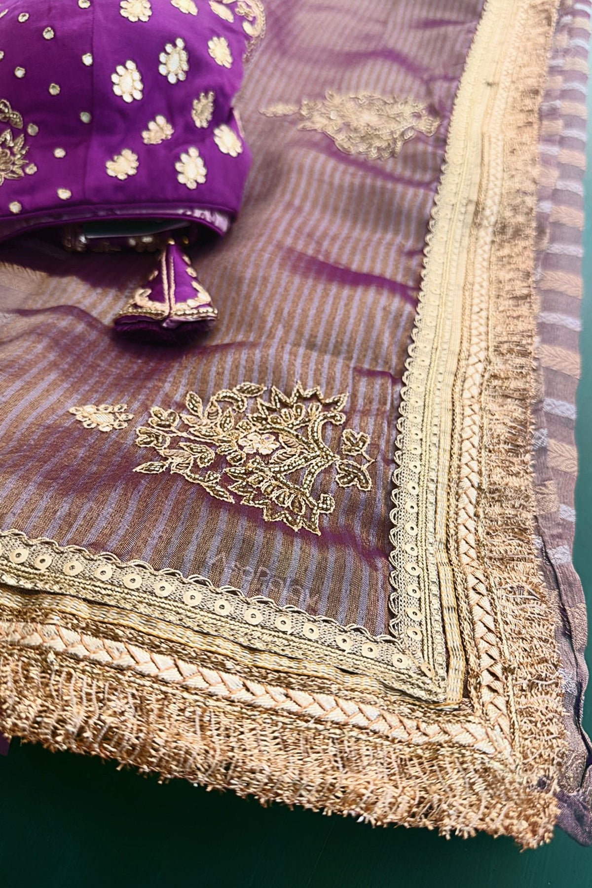 Purple Tissue Woven Saree with Lace Work - purple lace saree
