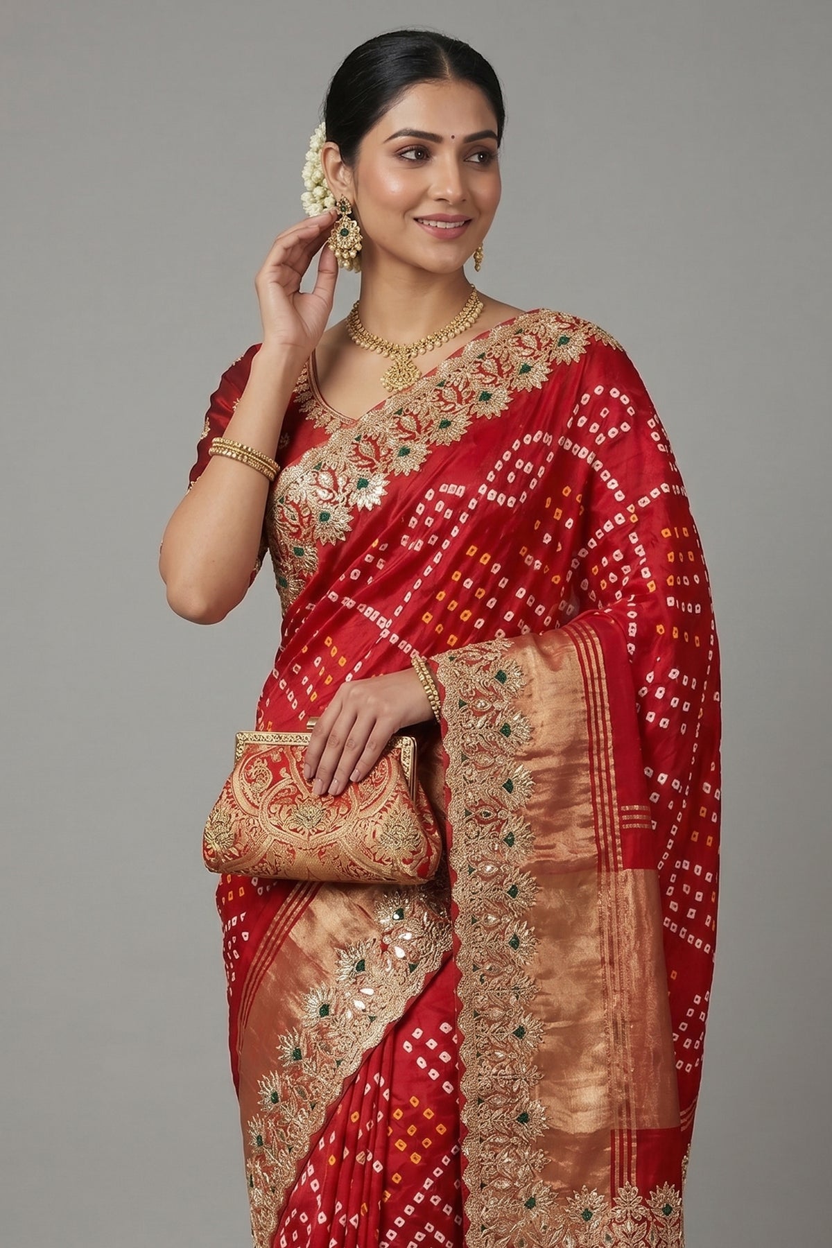 Maroon Cotton Silk Bandhej Saree with Embroidered Border - red silk saree bandhej
