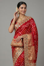 Maroon Cotton Silk Bandhej Saree with Embroidered Border - red silk saree bandhej