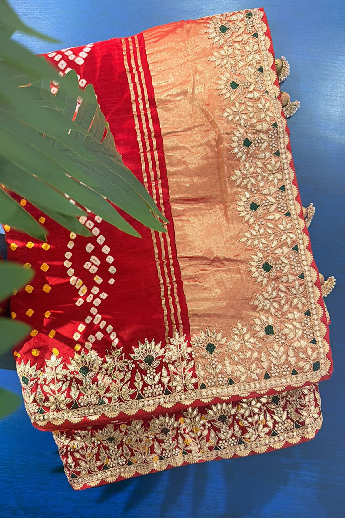 Maroon Cotton Silk Bandhej Saree with Embroidered Border - red silk saree bandhej