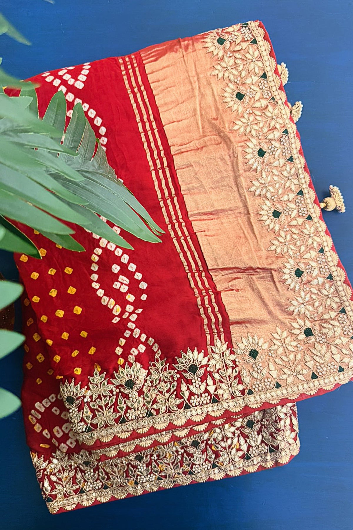 Maroon Cotton Silk Bandhej Saree with Embroidered Border - red silk saree bandhej