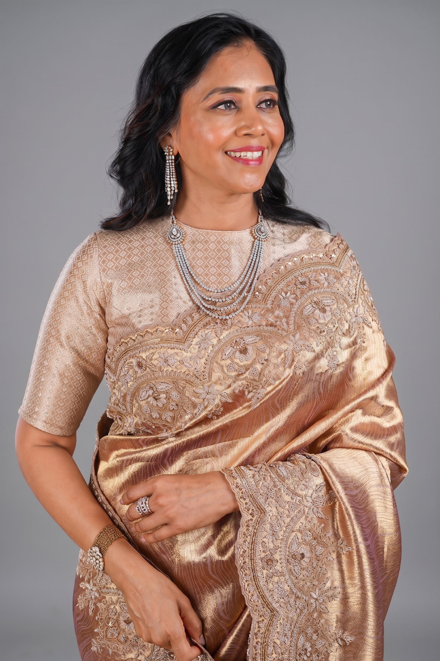 Golden Tissue Designer Saree with Handworked Scallop Border Secondary image