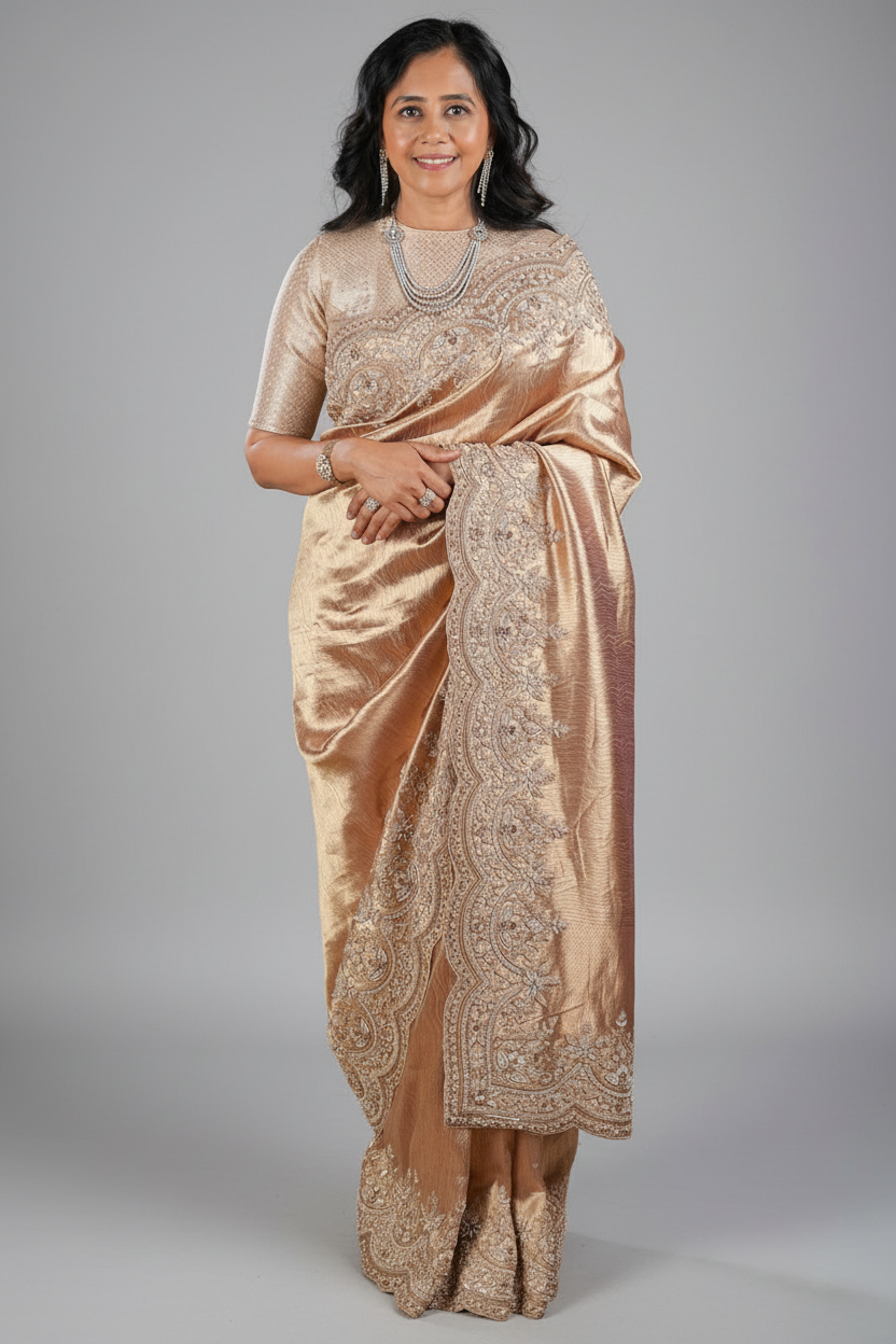 Golden Tissue Designer Saree with Handworked Scallop Border - gold saree