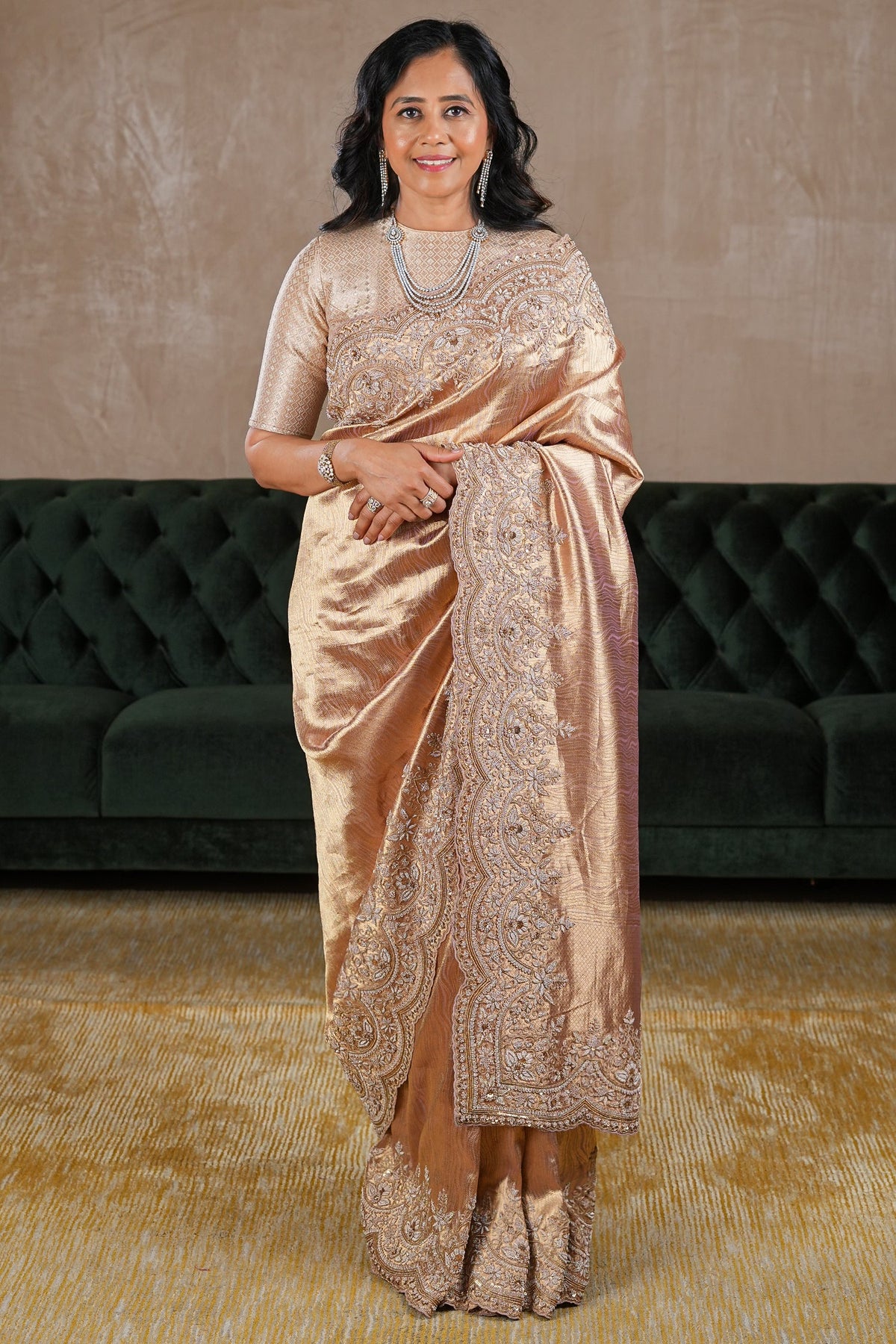 Golden Tissue Designer Saree with Handworked Scallop Border