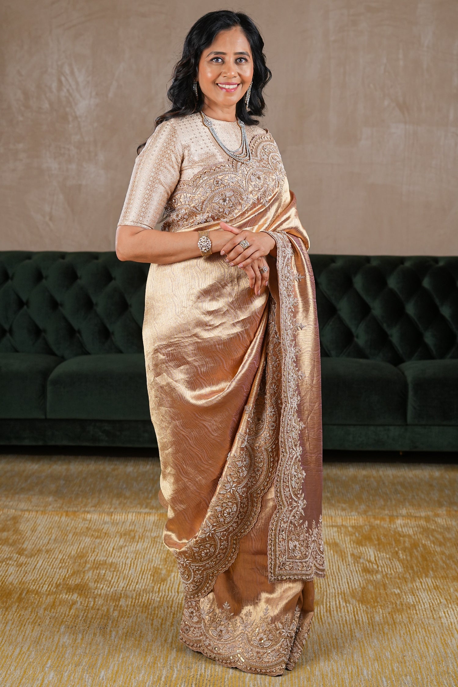 Golden Tissue Designer Saree with Handworked Scallop Border - gold saree