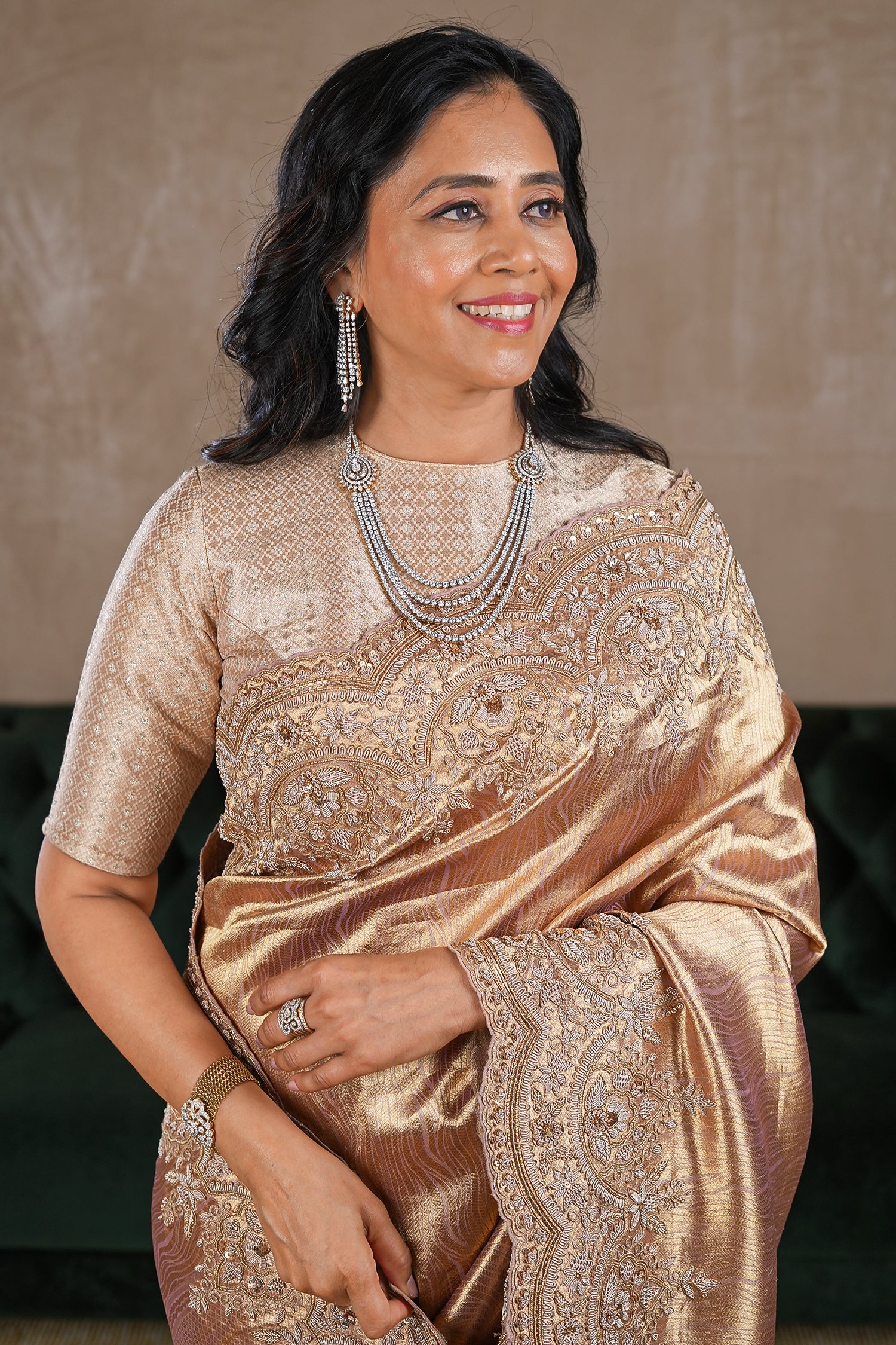Golden Tissue Designer Saree with Handworked Scallop Border - gold saree