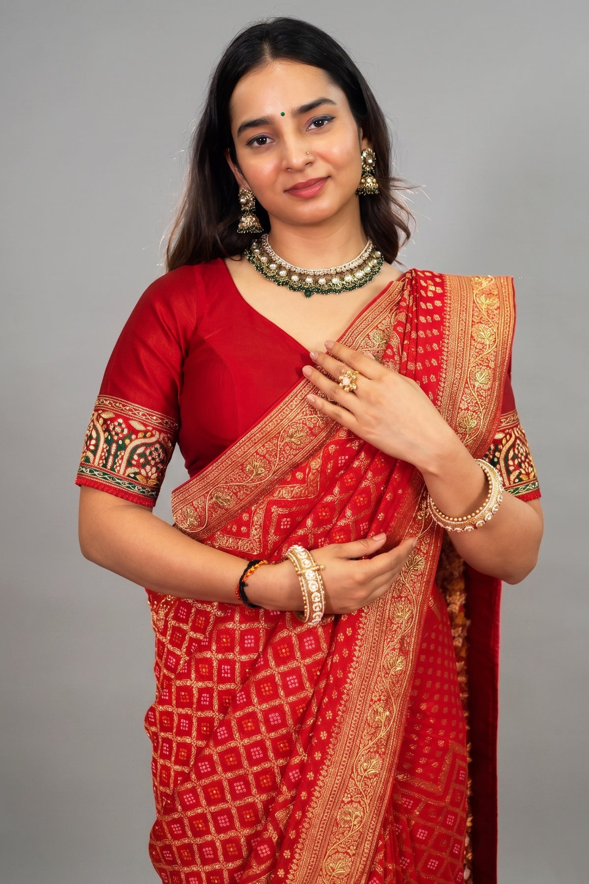 Red Georgette Traditional Bandhej Saree with Cutdana and Bead Work - red georgette saree bandhej