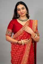 Red Georgette Traditional Bandhej Saree with Cutdana and Bead Work - red georgette saree bandhej