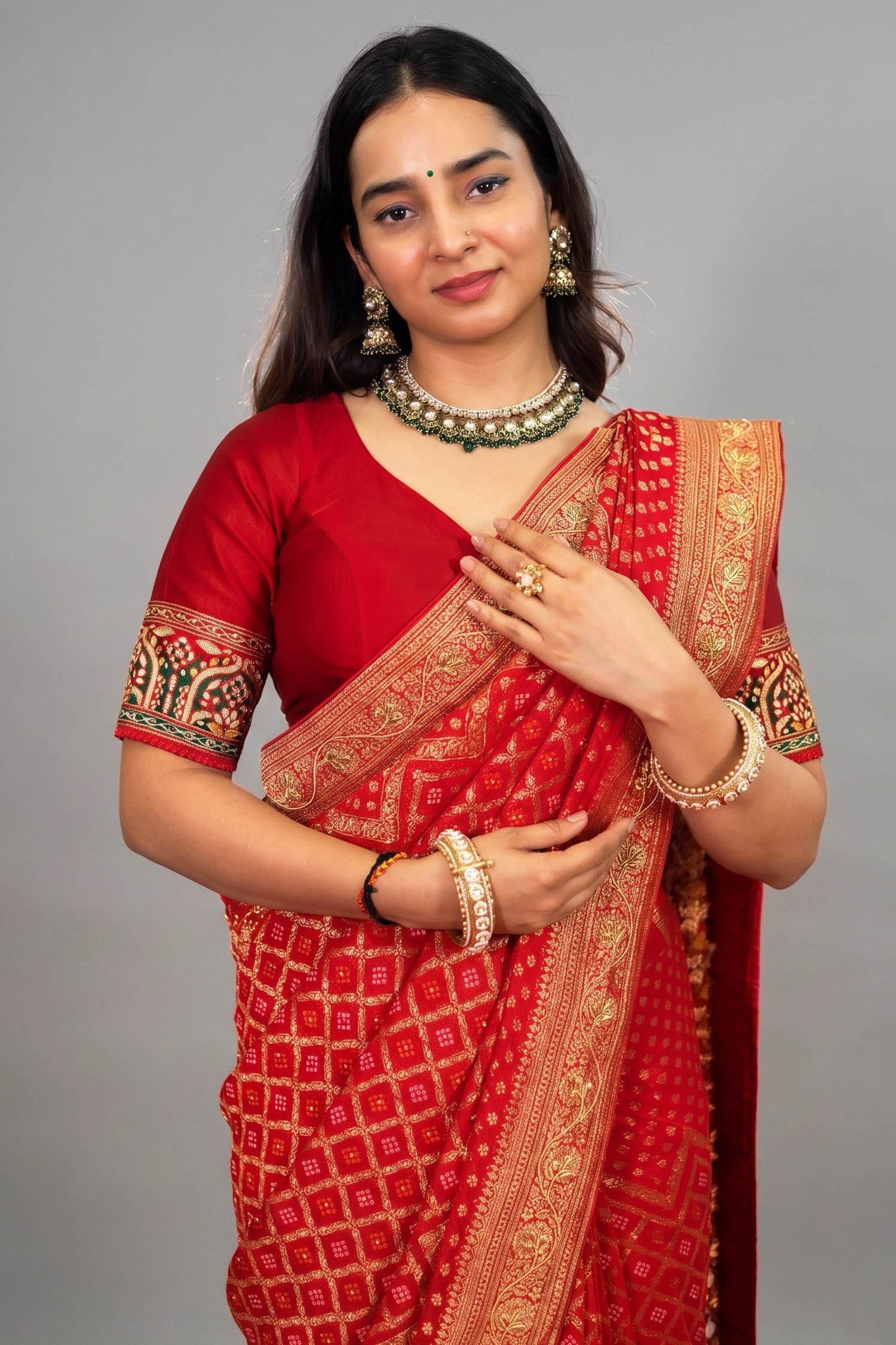 Red Georgette Traditional Bandhej Saree with Cutdana and Bead Work - red georgette saree bandhej
