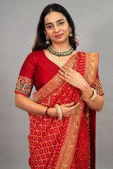 Red Georgette Traditional Bandhej Saree with Cutdana and Bead Work - red georgette saree bandhej