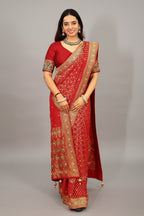 Red Georgette Traditional Bandhej Saree with Cutdana and Bead Work - red georgette saree bandhej