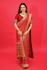 Red Georgette Traditional Bandhej Saree with Cutdana and Bead Work
