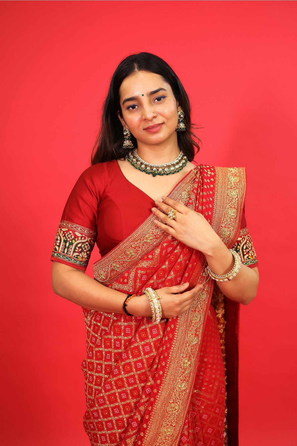 Red Georgette Traditional Bandhej Saree with Cutdana and Bead Work - red georgette saree bandhej