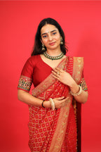 Red Georgette Traditional Bandhej Saree with Cutdana and Bead Work - red georgette saree bandhej