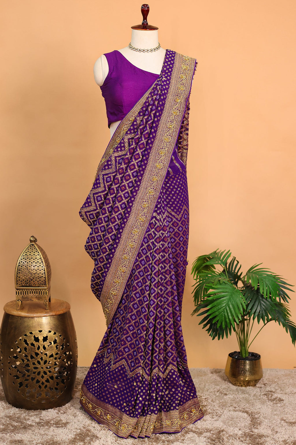 Purple Georgette Traditional Bandhej Saree with Cutdana and Bead Work - purple georgette saree bandhej