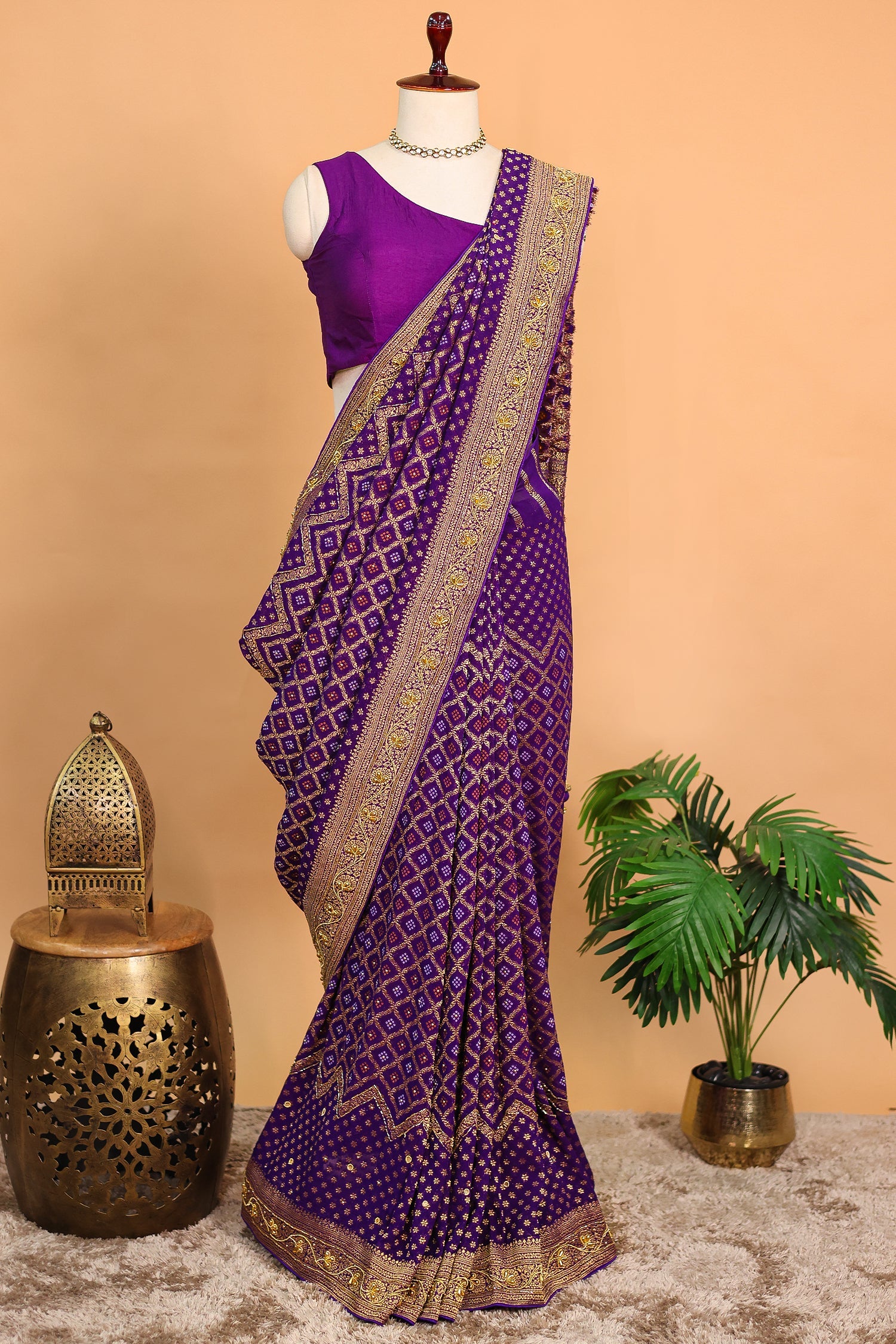 Purple Georgette Traditional Bandhej Saree with Cutdana and Bead Work - purple georgette saree bandhej