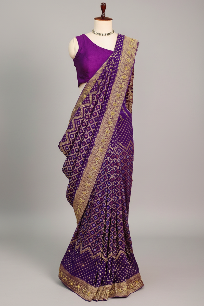 Purple Georgette Traditional Bandhej Saree with Cutdana and Bead Work - purple georgette saree bandhej