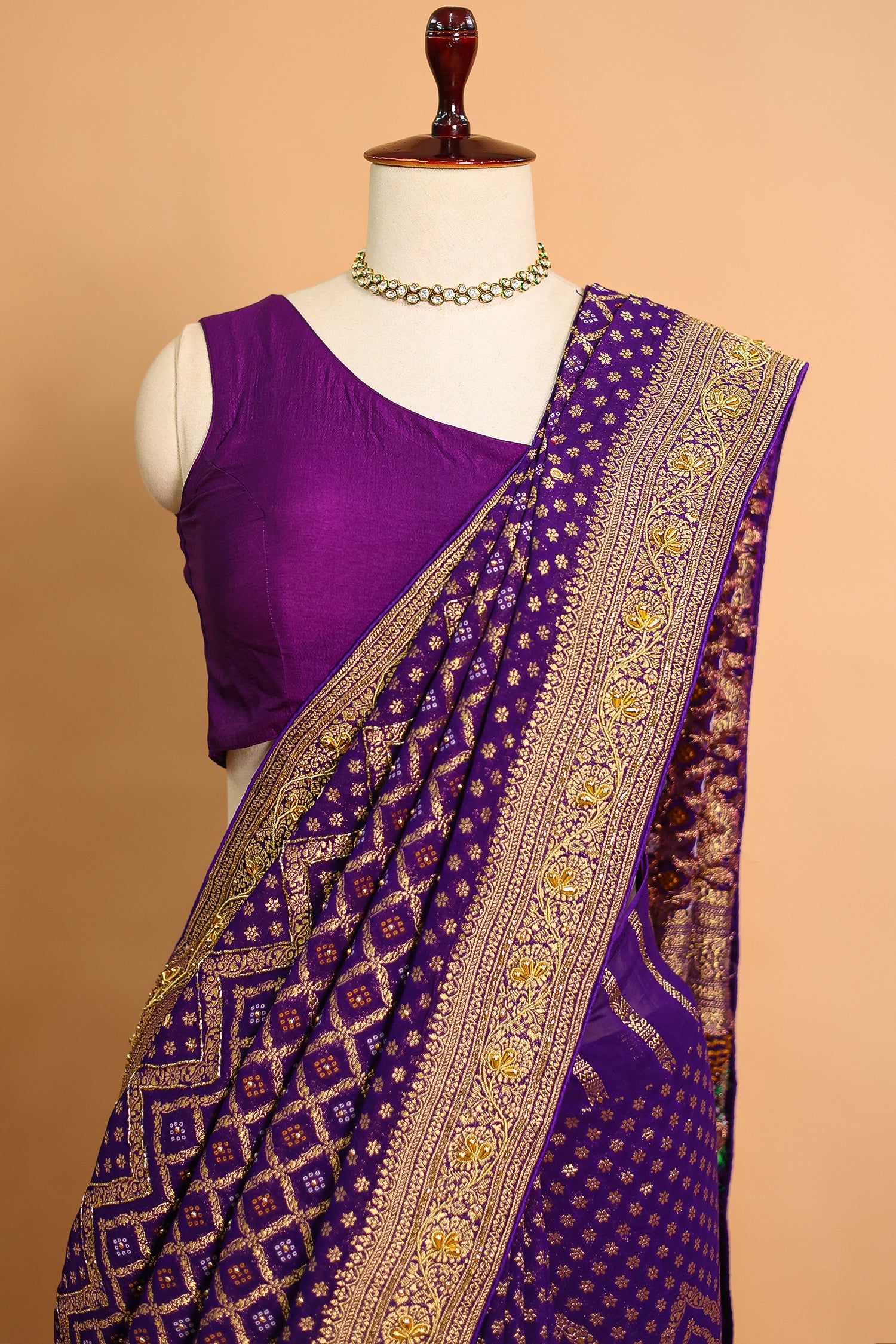 Purple Georgette Traditional Bandhej Saree with Cutdana and Bead Work - purple georgette saree bandhej