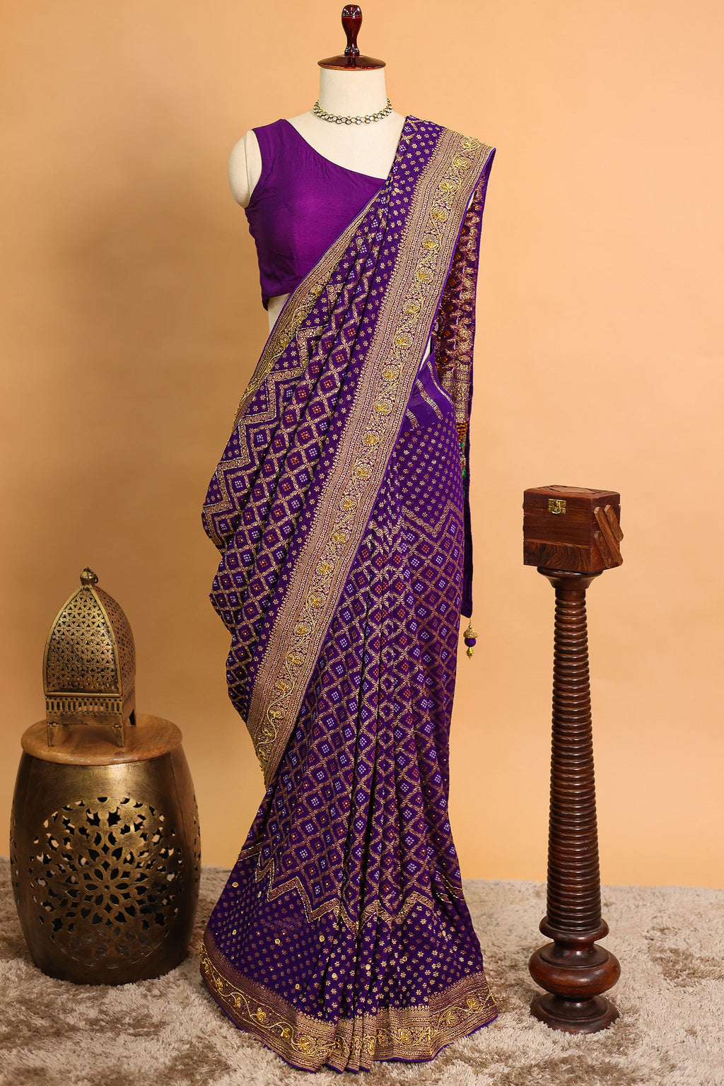 Purple Georgette Traditional Bandhej Saree with Cutdana and Bead Work - purple georgette saree bandhej
