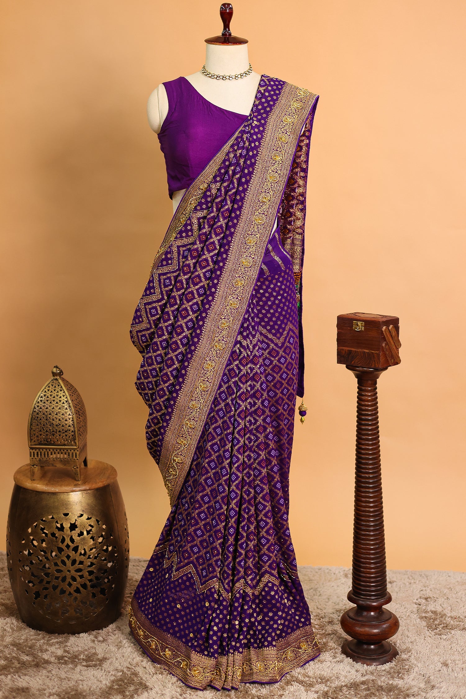 Purple Georgette Traditional Bandhej Saree with Cutdana and Bead Work - purple georgette saree bandhej