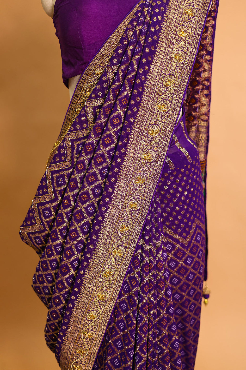 Purple Georgette Traditional Bandhej Saree with Cutdana and Bead Work - purple georgette saree bandhej