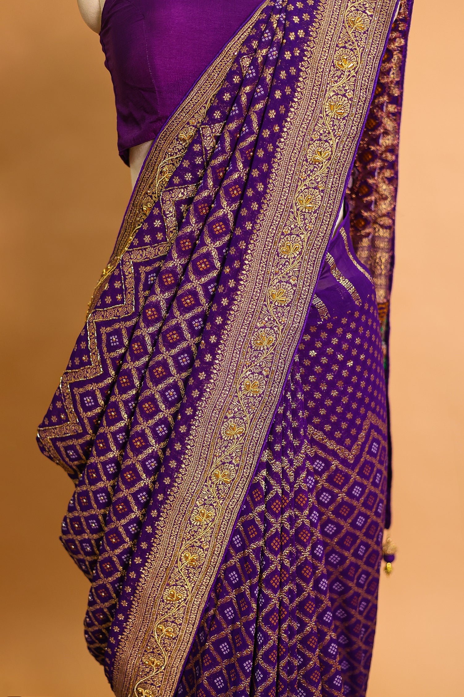 Purple Georgette Traditional Bandhej Saree with Cutdana and Bead Work - purple georgette saree bandhej