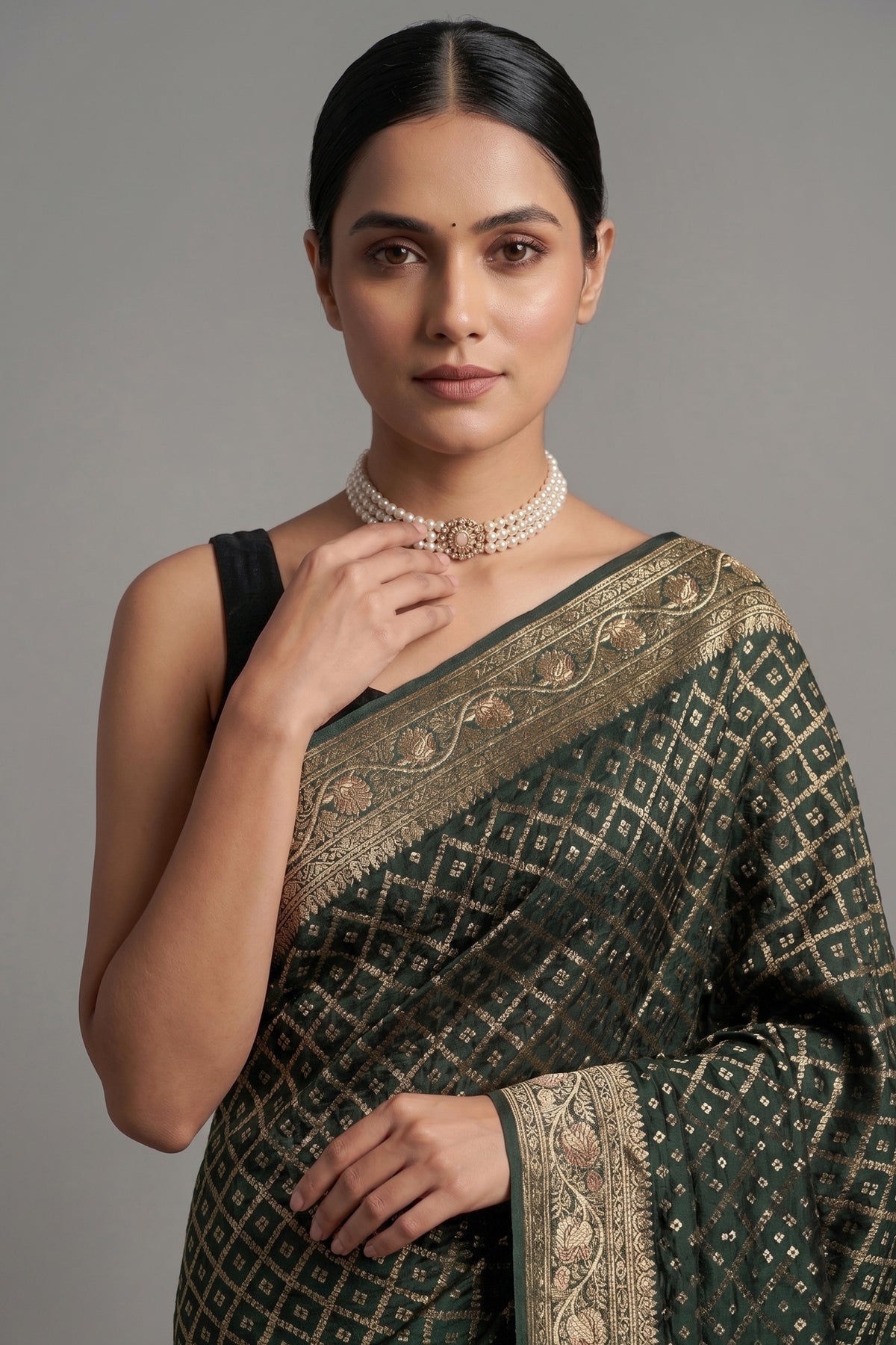 Green Georgette Traditional Bandhej Saree with Cutdana and Bead Work - green georgette saree bandhej