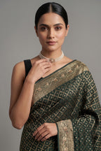 Green Georgette Traditional Bandhej Saree with Cutdana and Bead Work - green georgette saree bandhej
