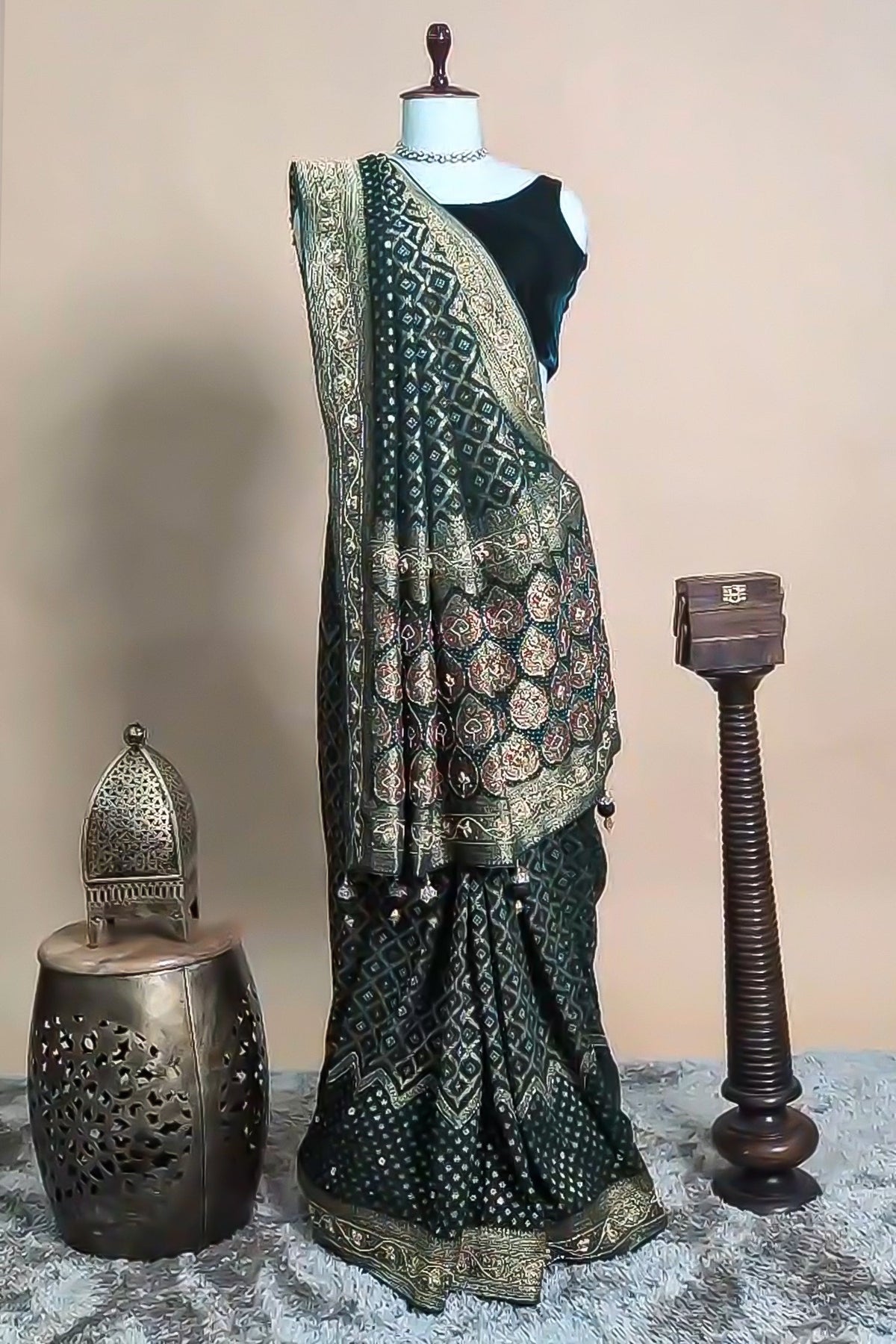 Green Georgette Traditional Bandhej Saree with Cutdana and Bead Work - green georgette saree bandhej