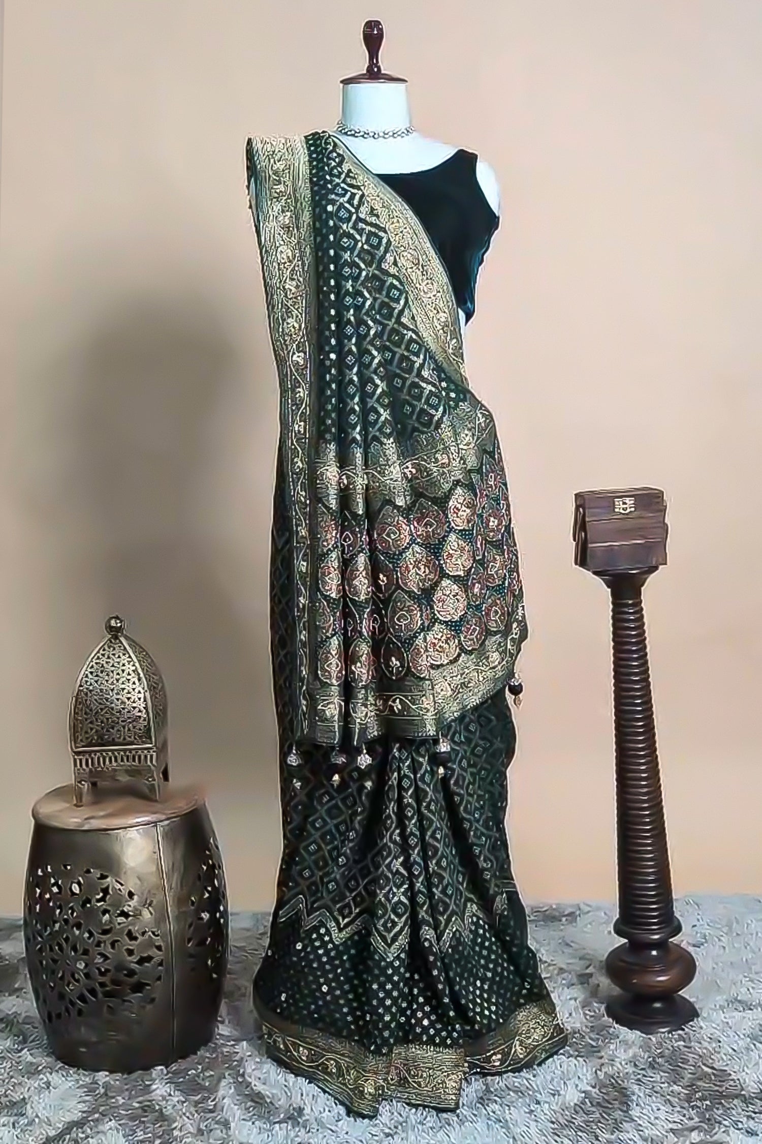 Green Georgette Traditional Bandhej Saree with Cutdana and Bead Work - green georgette saree bandhej