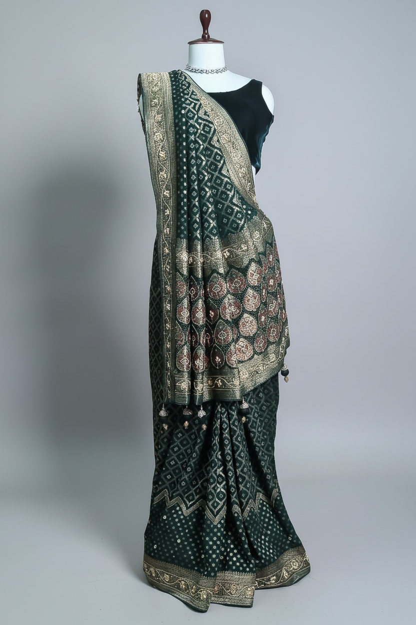 Green Georgette Traditional Bandhej Saree with Cutdana and Bead Work - green georgette saree bandhej