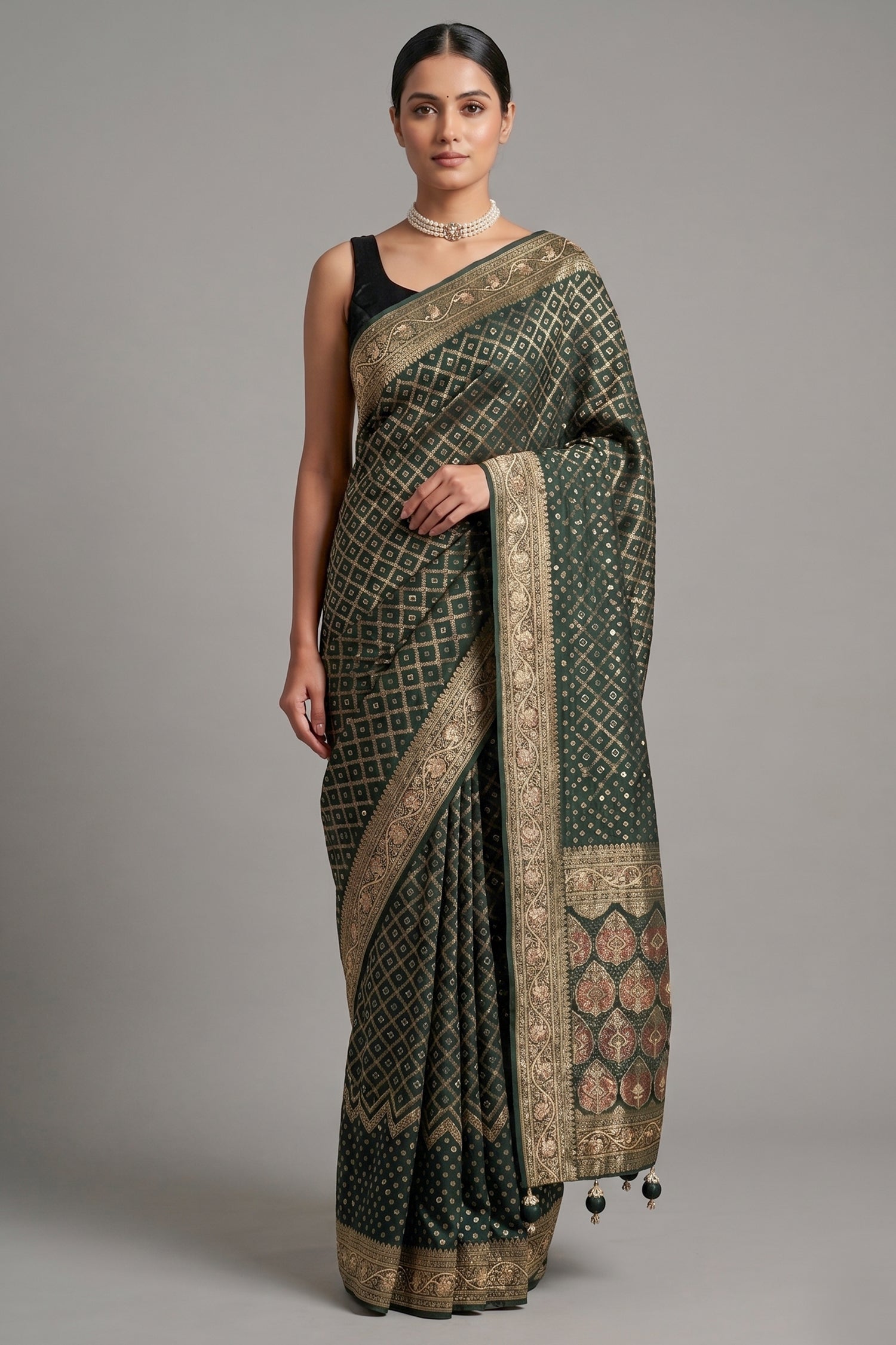 Green Georgette Traditional Bandhej Saree with Cutdana and Bead Work - green georgette saree bandhej