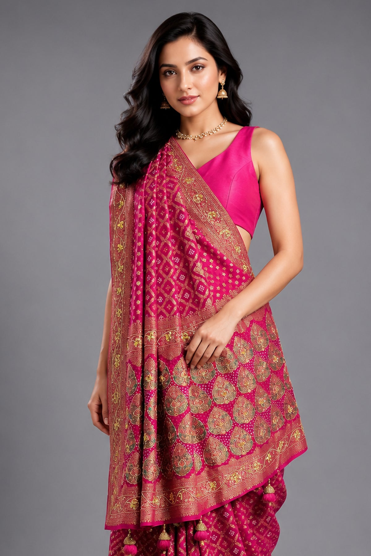 Pink Georgette Traditional Bandhej Saree with Cutdana and Bead Work - pink georgette saree bandhej