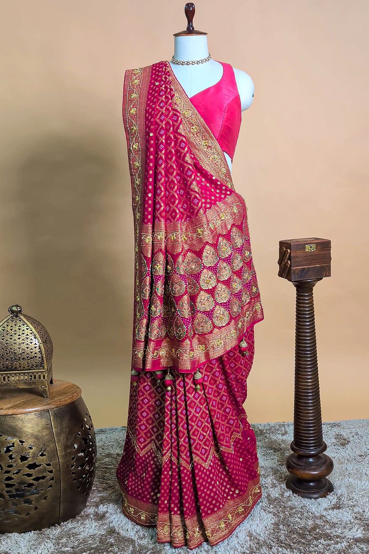 Pink Georgette Traditional Bandhej Saree with Cutdana and Bead Work - pink georgette saree bandhej