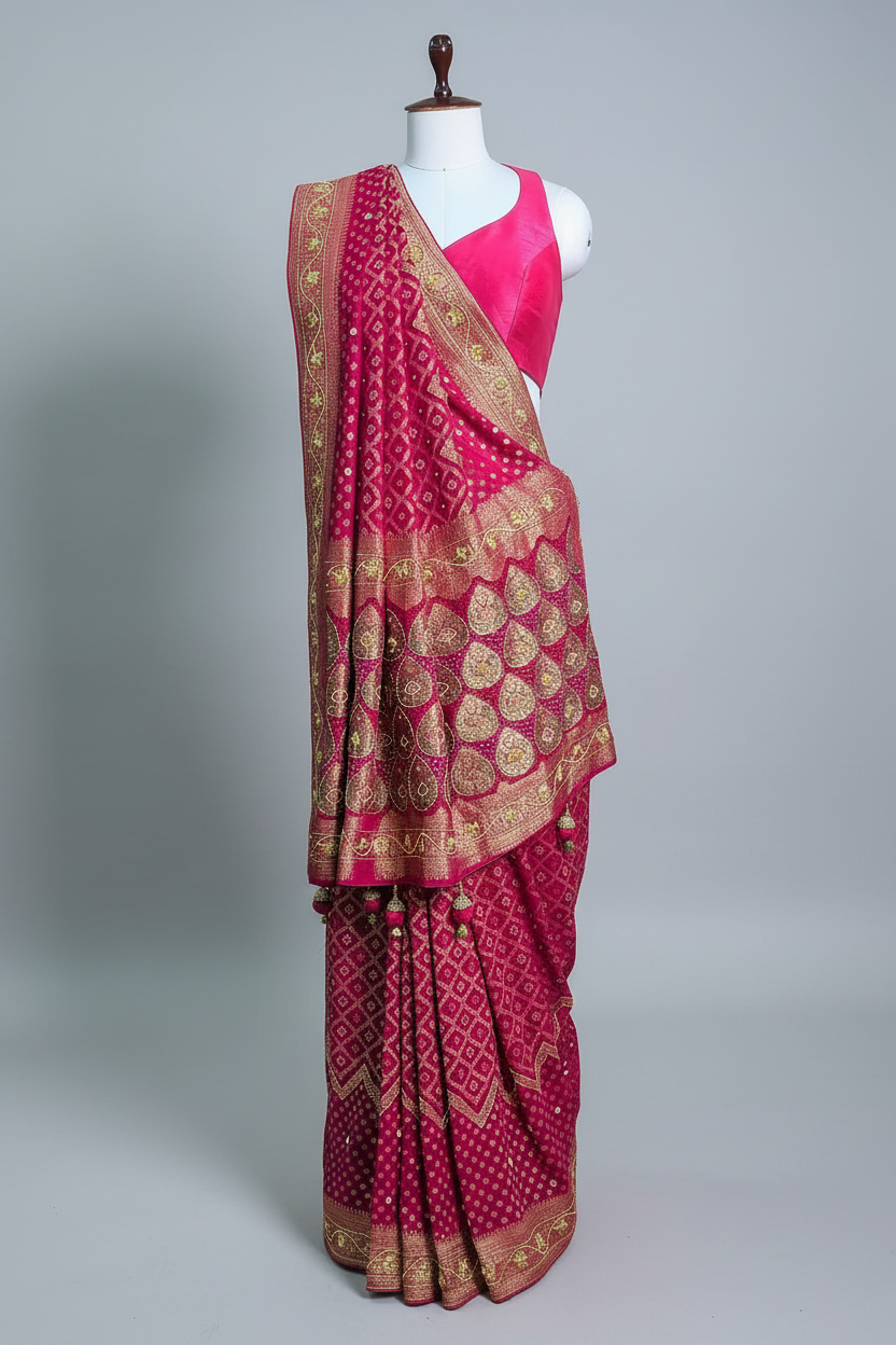Pink Georgette Traditional Bandhej Saree with Cutdana and Bead Work - pink georgette saree bandhej