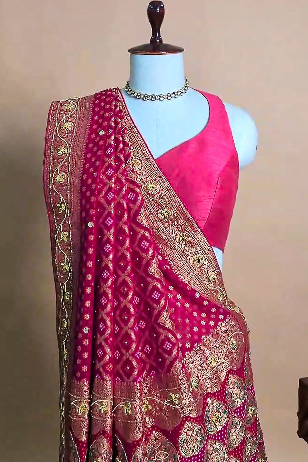 Pink Georgette Traditional Bandhej Saree with Cutdana and Bead Work - pink georgette saree bandhej
