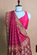 Pink Georgette Traditional Bandhej Saree with Cutdana and Bead Work - pink georgette saree bandhej