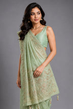 Pista Green Georgette Traditional Bandhej Saree with Cutdana and Bead Work - green georgette saree bandhej