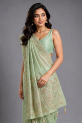 Pista Green Georgette Traditional Bandhej Saree with Cutdana and Bead Work - green georgette saree bandhej