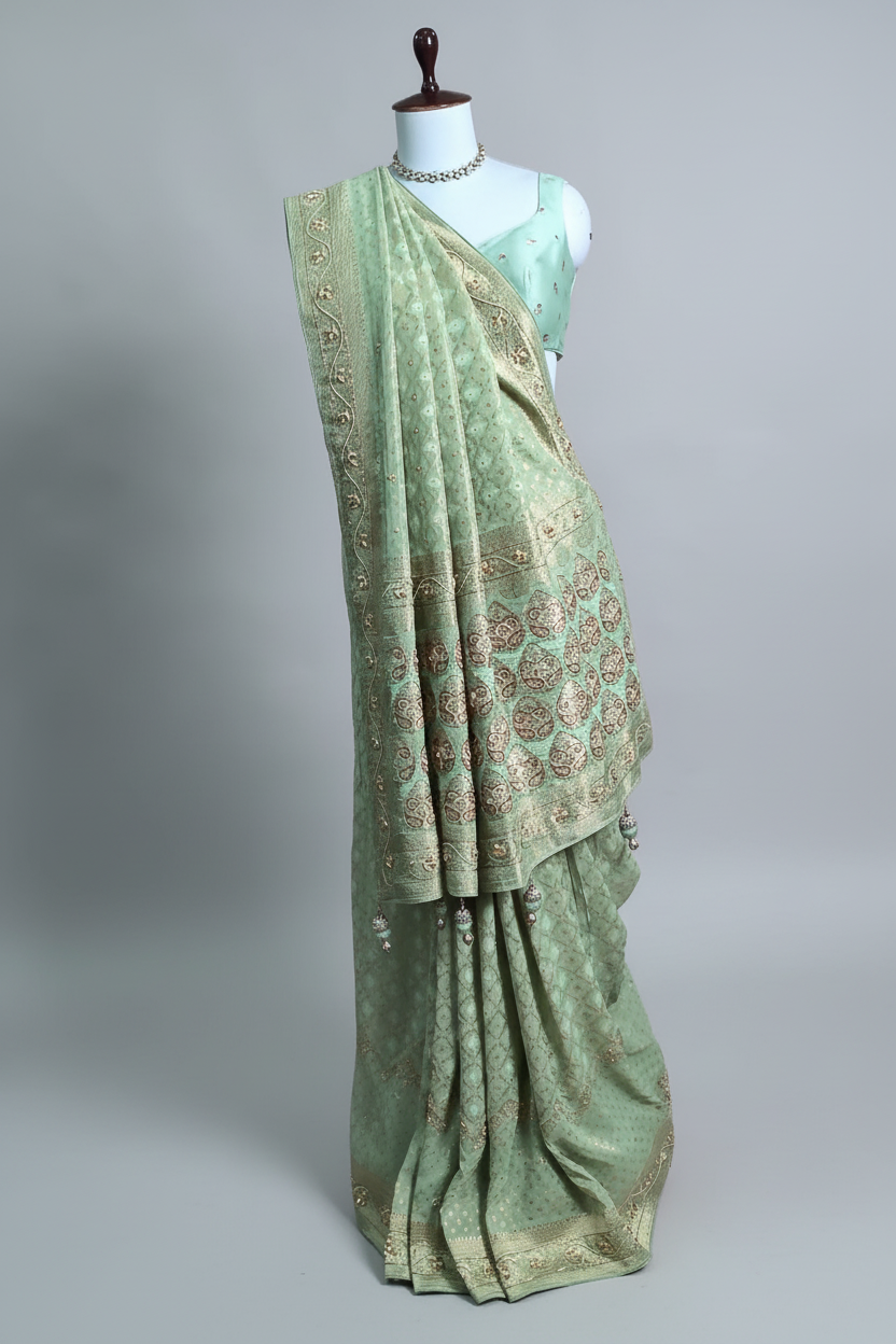 Pista Green Georgette Traditional Bandhej Saree with Cutdana and Bead Work - green georgette saree bandhej
