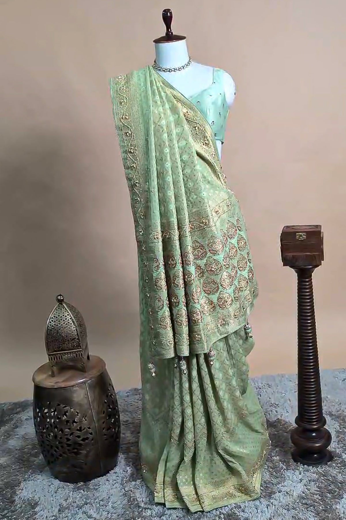 Pista Green Georgette Traditional Bandhej Saree with Cutdana and Bead Work - green georgette saree bandhej