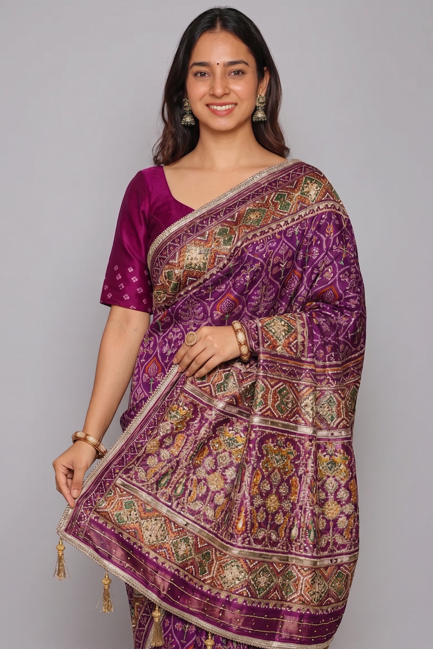 Purple Silk Traditional Woven Patola Saree with Cutdana and Beads Work - purple silk saree patola