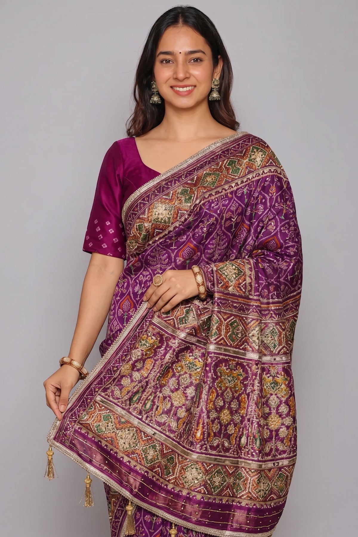 Purple Silk Traditional Woven Patola Saree with Cutdana and Beads Work - purple silk saree patola