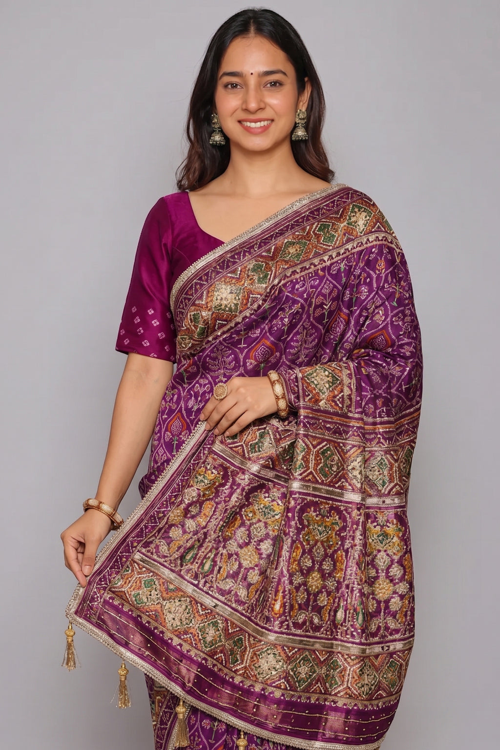 Purple Silk Traditional Woven Patola Saree with Cutdana and Beads Work - purple silk saree patola