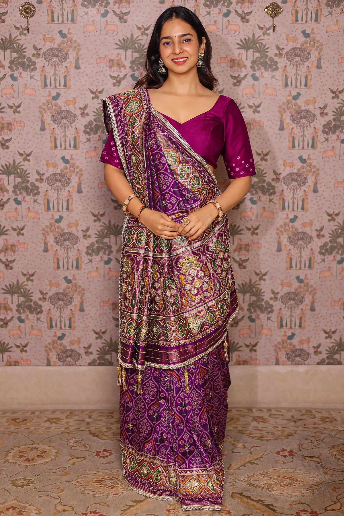 Purple Silk Traditional Woven Patola Saree with Cutdana and Beads Work
