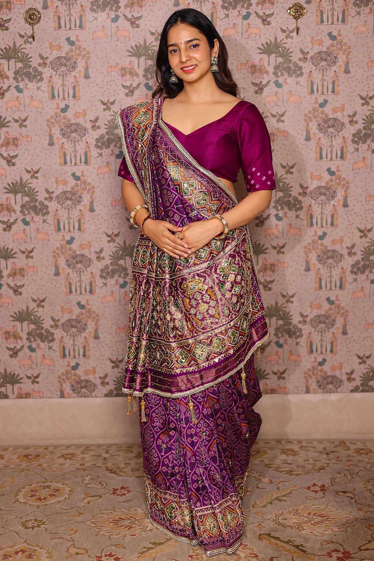 Purple Silk Traditional Woven Patola Saree with Cutdana and Beads Work - purple silk saree patola